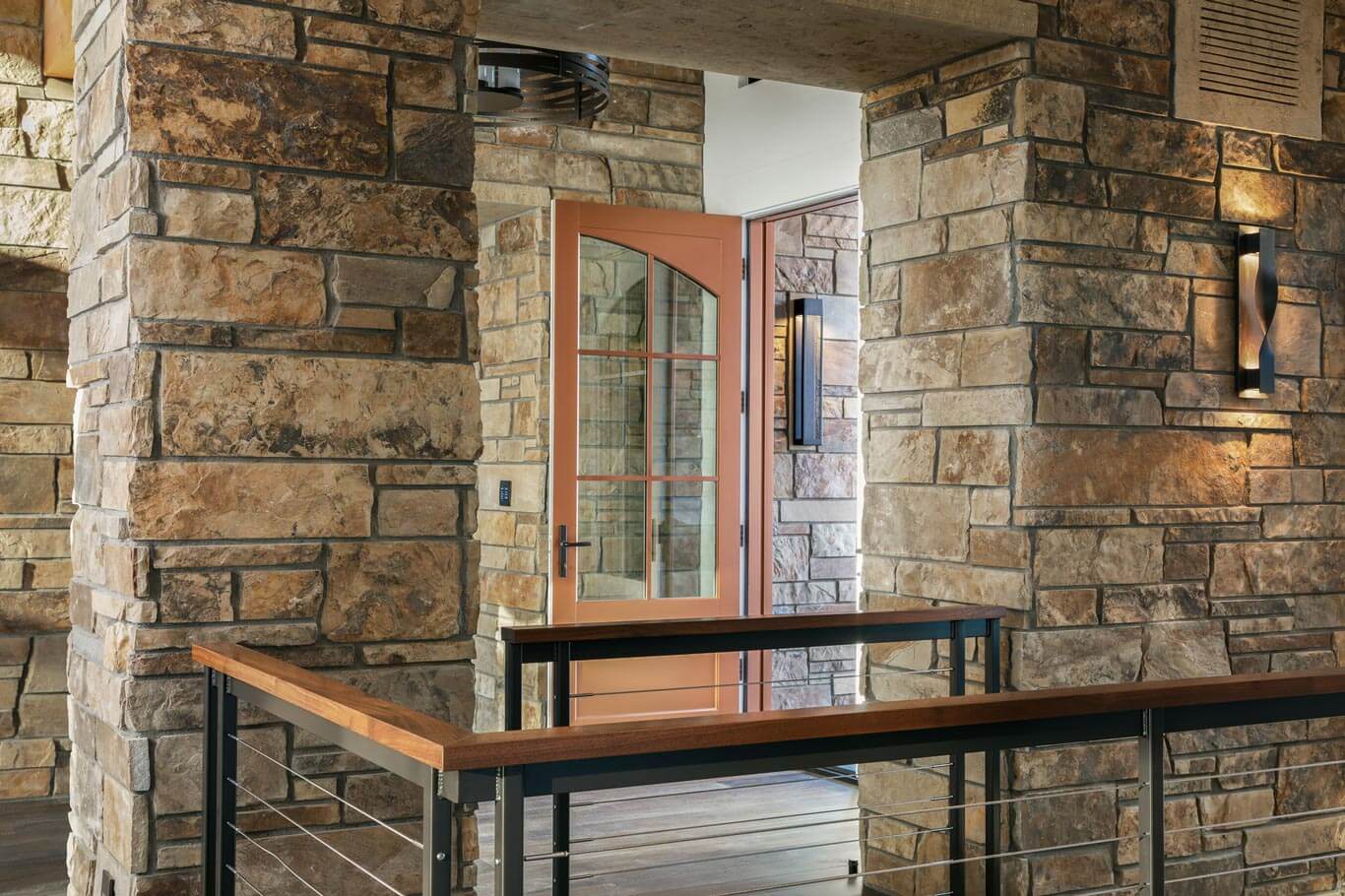 front door, stair railing detail - Waterford custom home